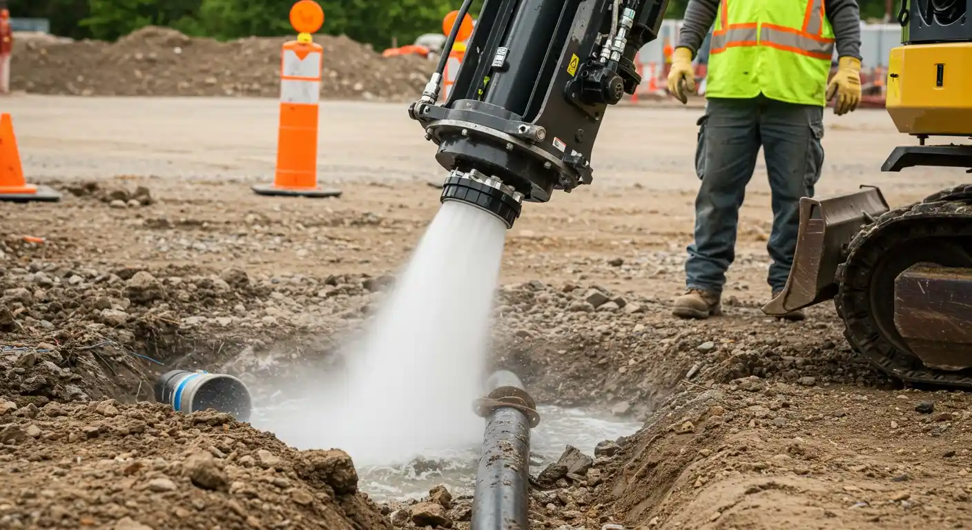 Hydro-excavator exposing buried pipeline with water.