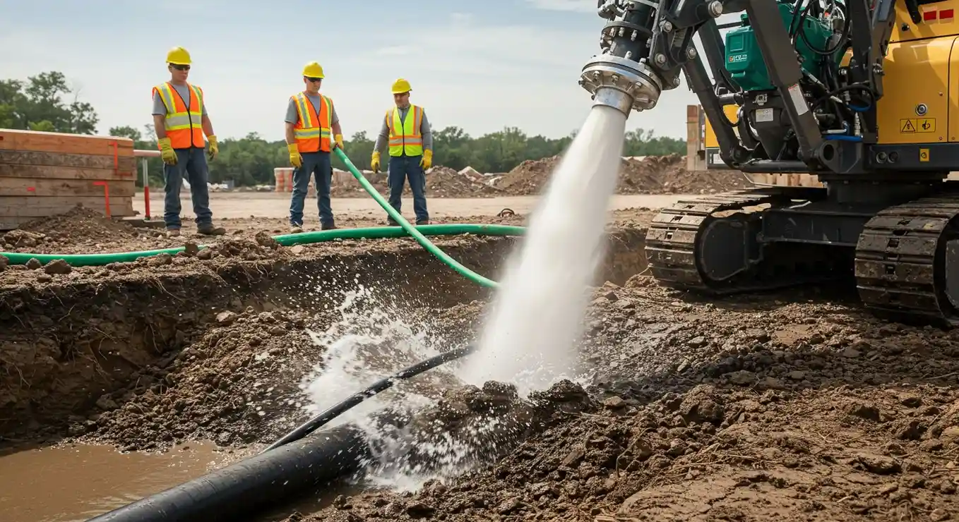 Hydro-excavator exposing buried pipeline with water.