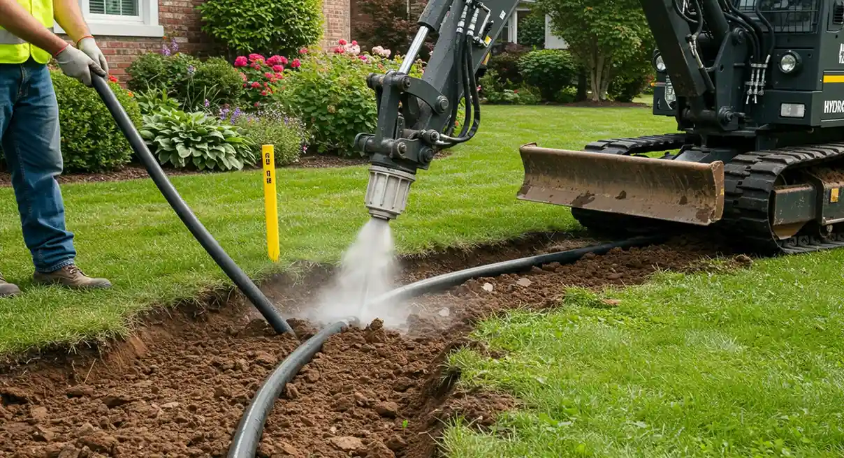 Tracked hydro-excavator digging in residential lawn.