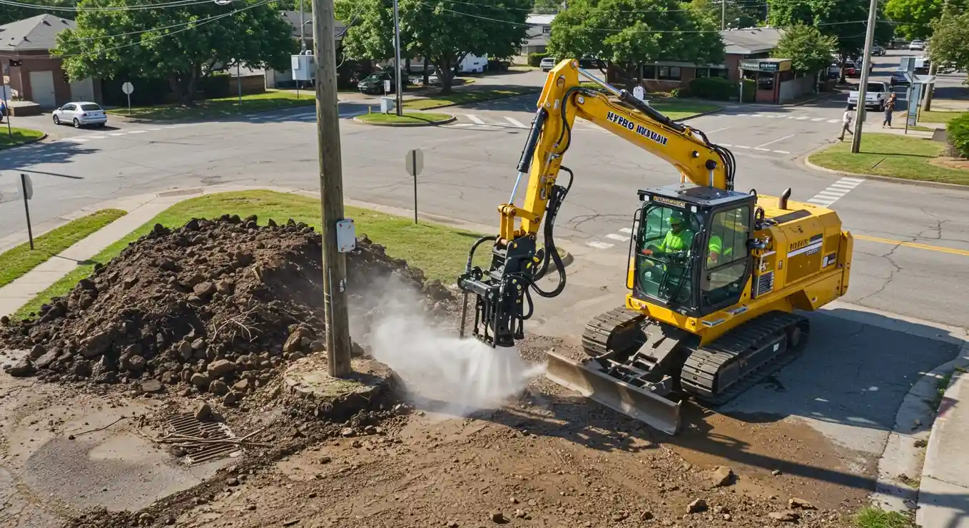 Yellow tracked hydro-excavator digging city street.