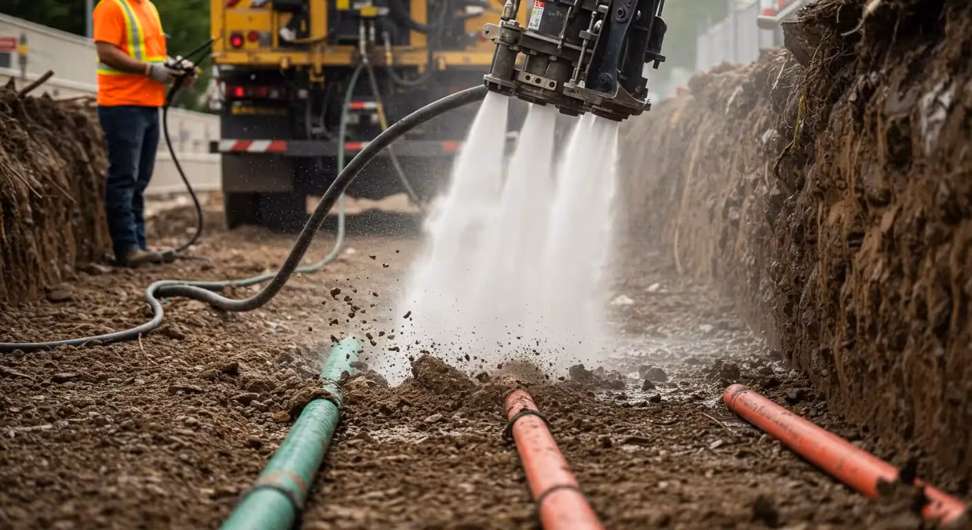 Machine sprays water to expose pipes.