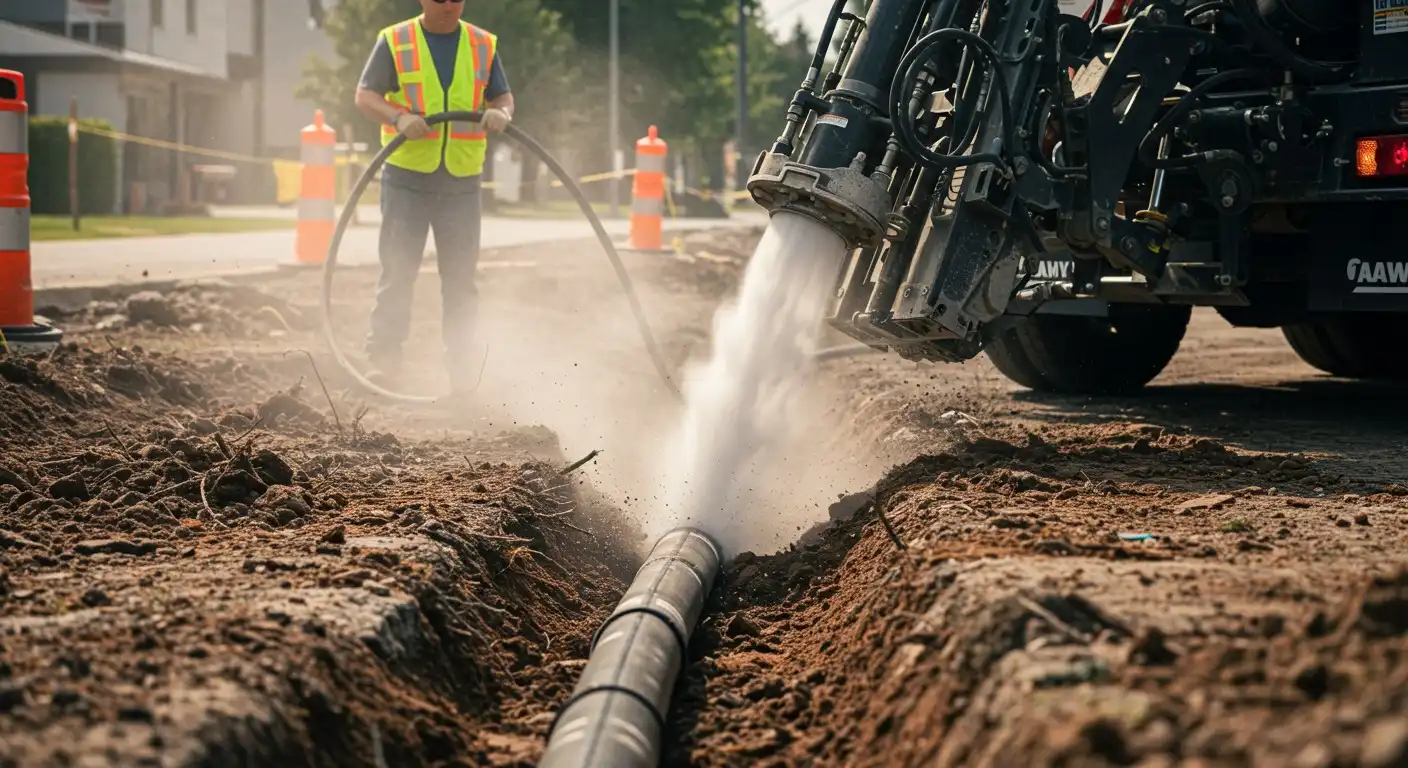 Hydro-excavator exposing buried pipe