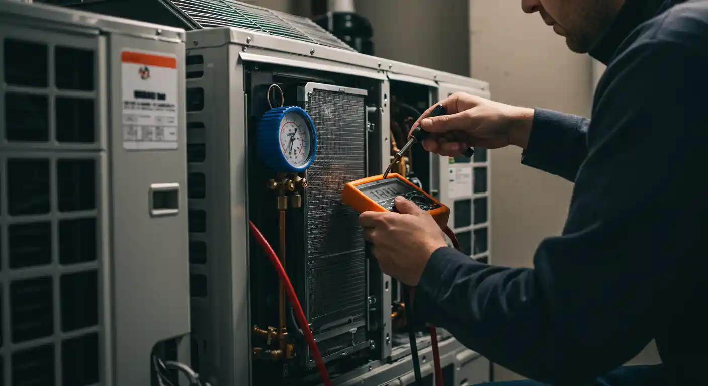 A close-up, horizontal image shows a technician servicing a mini-split heat pump. The technician's hands