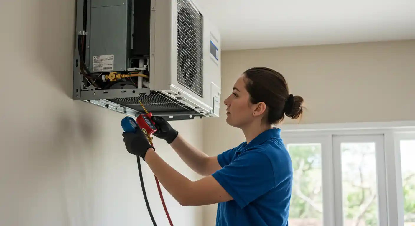 A female HVAC technician, with her hair tied back in a bun, is servicing a wall-mounted mini-split indoor unit. She is wearing a blue polo shirt and black gloves. With her gloved hands, she is holding a manifold gauge set, with red and blue hoses connected to the unit's service ports. The front panel of the indoor unit is partially removed, revealing the copper tubing and internal components. The technician is focused on her work, looking up at the connections. The background shows a light-colored wall and, to the right, a sliding glass door with white frames leading outside. The scene is well-lit, suggesting a residential or office setting.