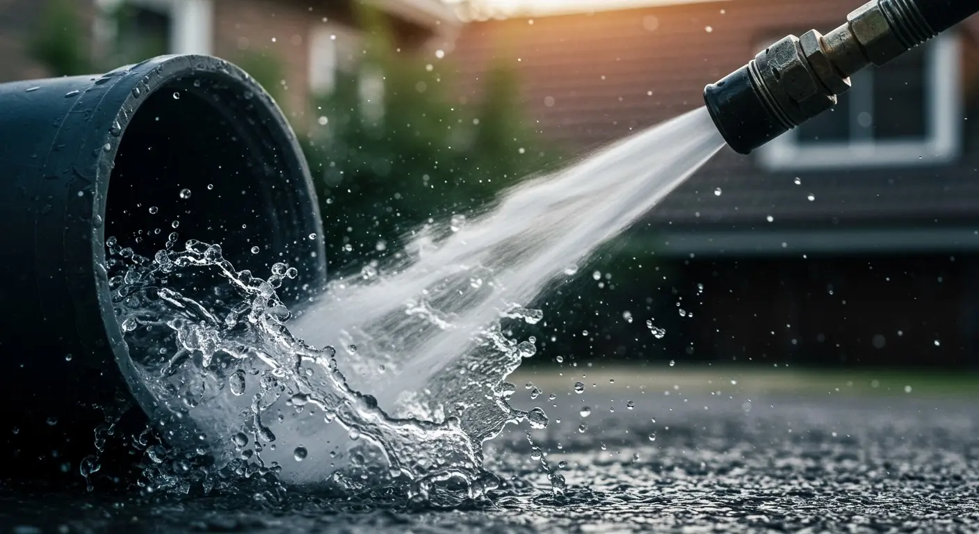 Pressure washing a large black pipe.