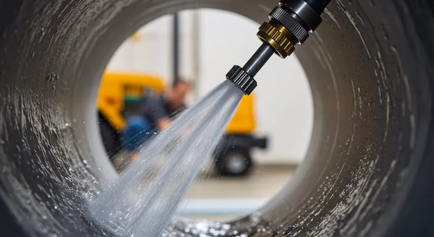 Hose nozzle spraying inside large pipe.