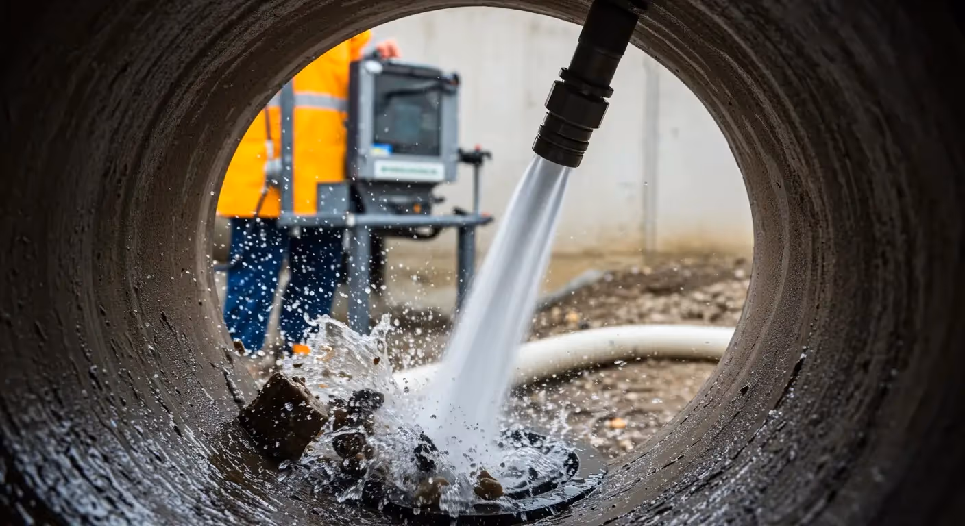 Hose nozzle spraying inside large pipe.