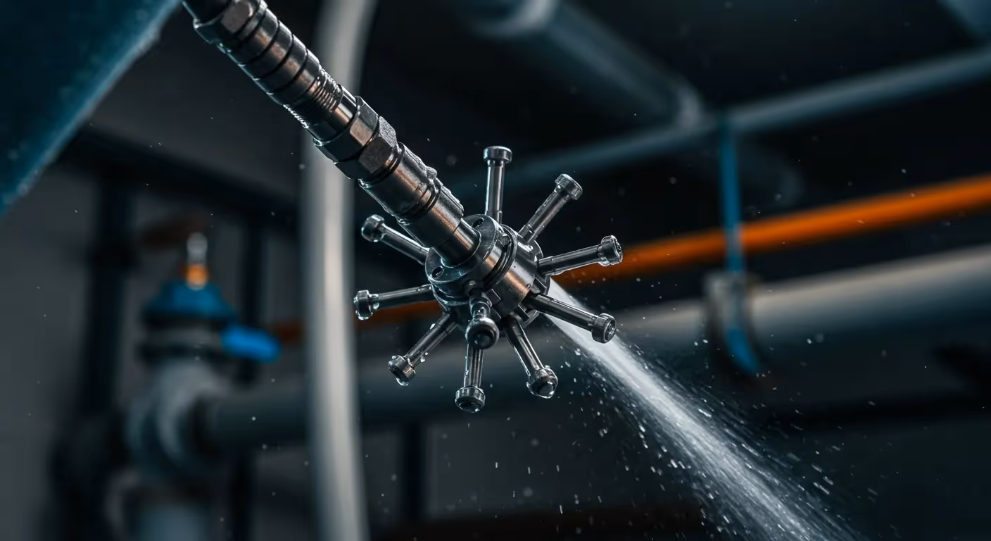 Water blasting tool cleaning a pipe.
