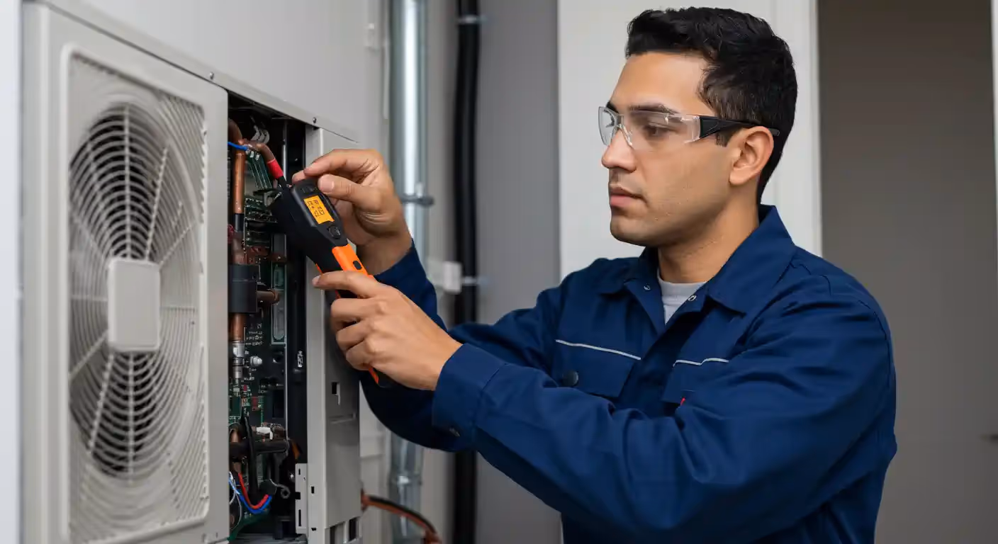  A young male technician, wearing a dark blue work jumpsuit and clear safety glasses, is servicing a mini-split heat pump system.