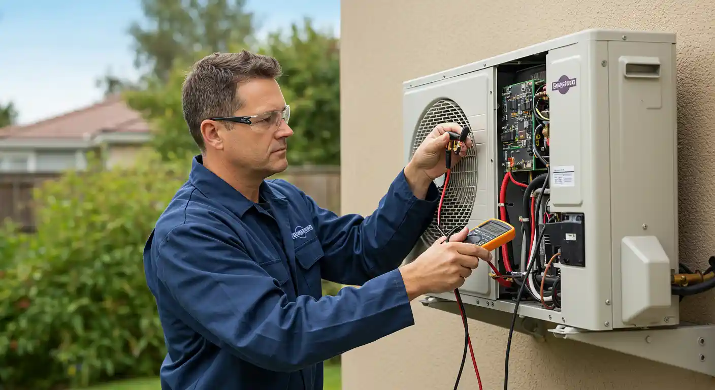 A middle-aged Caucasian male HVAC technician, wearing a dark blue uniform and black safety glasses, is servicing an outdoor mini-split heat pump unit. He is standing outside, and the unit is mounted on a bracket attached to the beige exterior wall of a building. The technician is holding a yellow and black multimeter in his left hand and is using the probes to test the electrical connections on the unit's circuit board. The side panel of the unit is removed, exposing the internal wiring and components. The background shows a well-maintained green lawn, shrubs, and a portion of a residential building. The sky is bright and slightly overcast. The technician's expression is serious and focused on the task at hand. The photo is taken in daylight and has a natural, professional feel.
