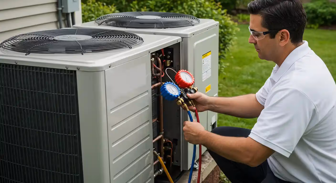  A male technician, wearing a white polo shirt and safety glasses, is kneeling outdoors to service a dual mini-split heat pump system. He is positioned on the right side of the frame, facing the open service panel of the heat pump.
