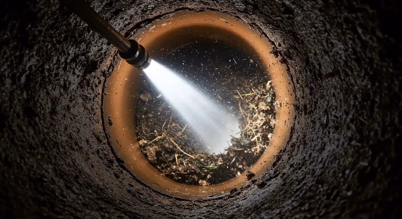 A pipe interior is cleaned with a high-pressure water jet, clearing debris and dirt.