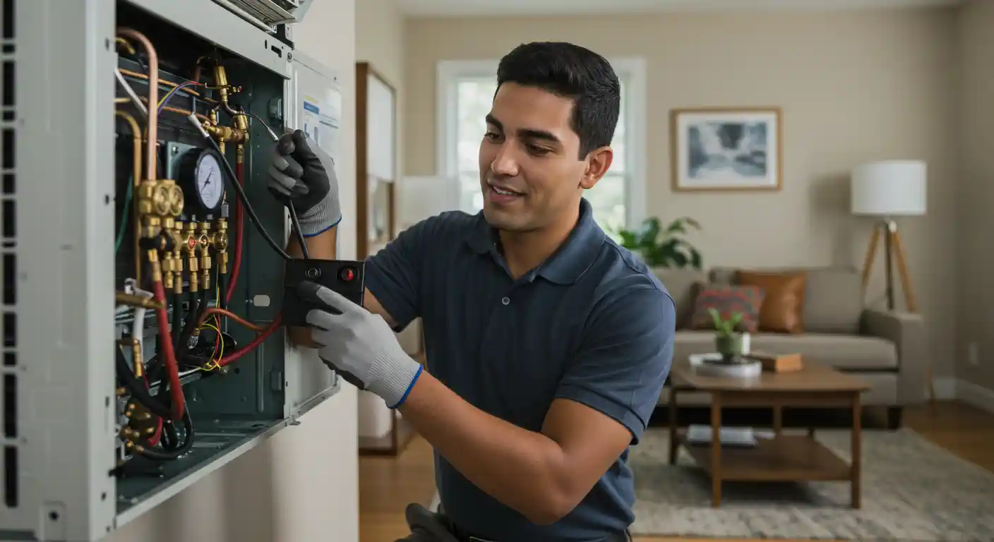 A smiling, young male HVAC technician is working on a wall-mounted mini-split heat pump unit indoors. He is wearing a dark blue polo shirt and gray work gloves.