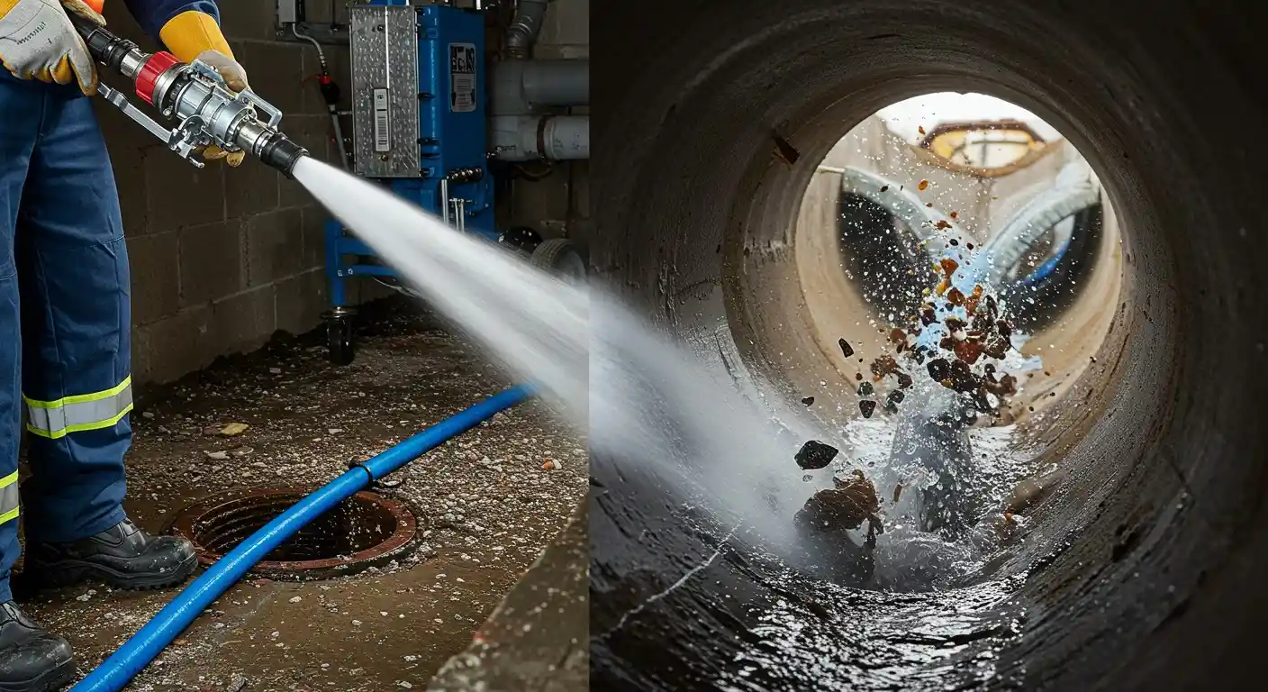 Pressure cleaning a pipe and drain.