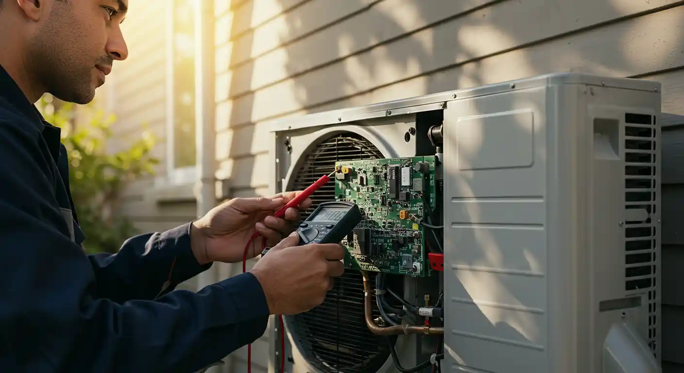 A professional male HVAC technician, wearing a dark blue work uniform, is servicing an outdoor mini-split heat pump unit.
