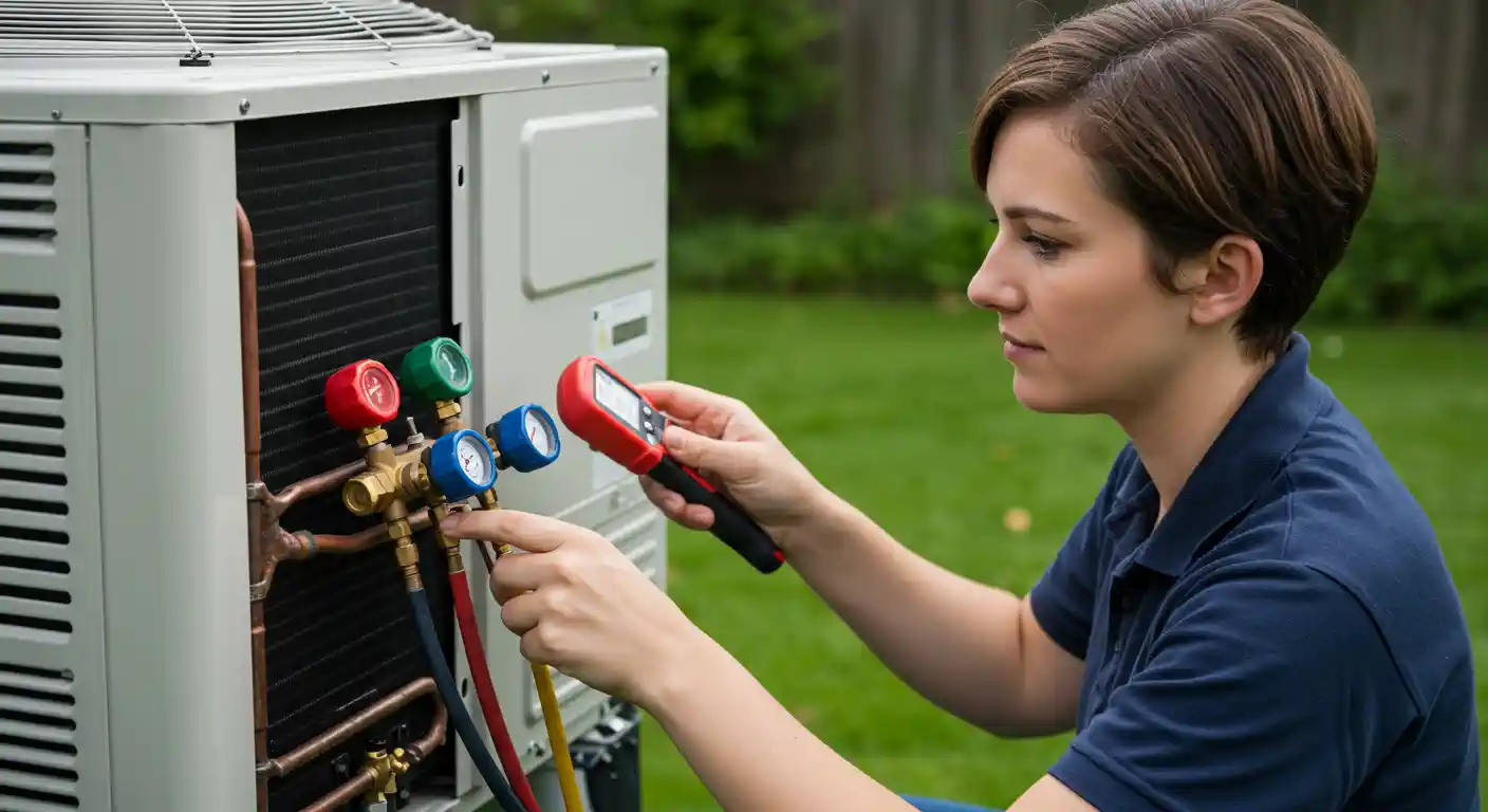 A young female HVAC technician with short, brown hair is kneeling on a green lawn, servicing an outdoor mini-split heat pump unit.