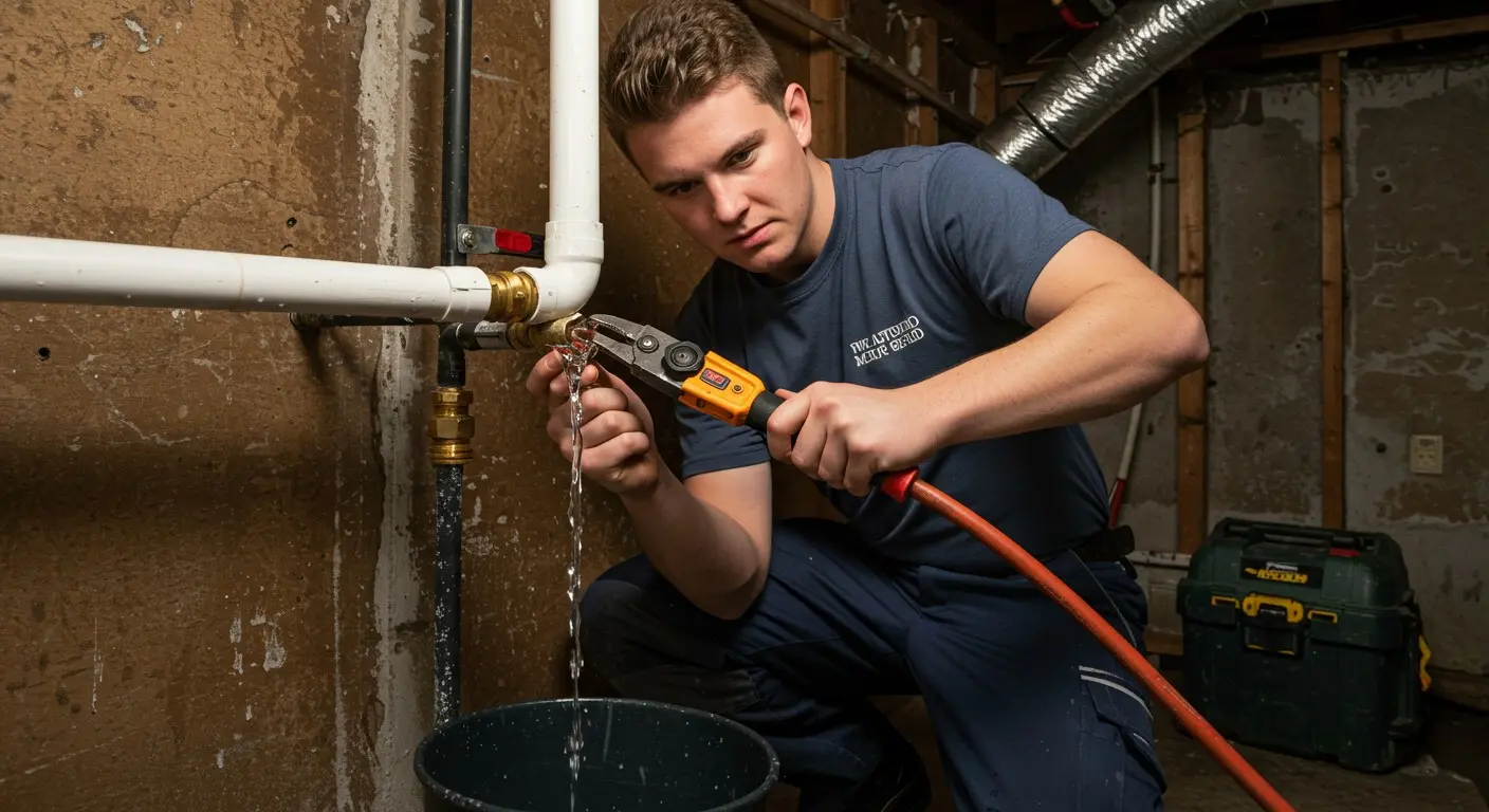 Plumber repairing a leaky pipe.