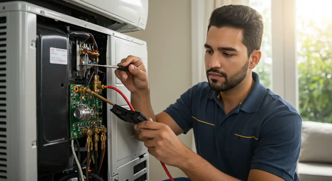  A focused, medium close-up shot of a handsome male HVAC technician with a beard, wearing a dark blue polo shirt with yellow stripes.