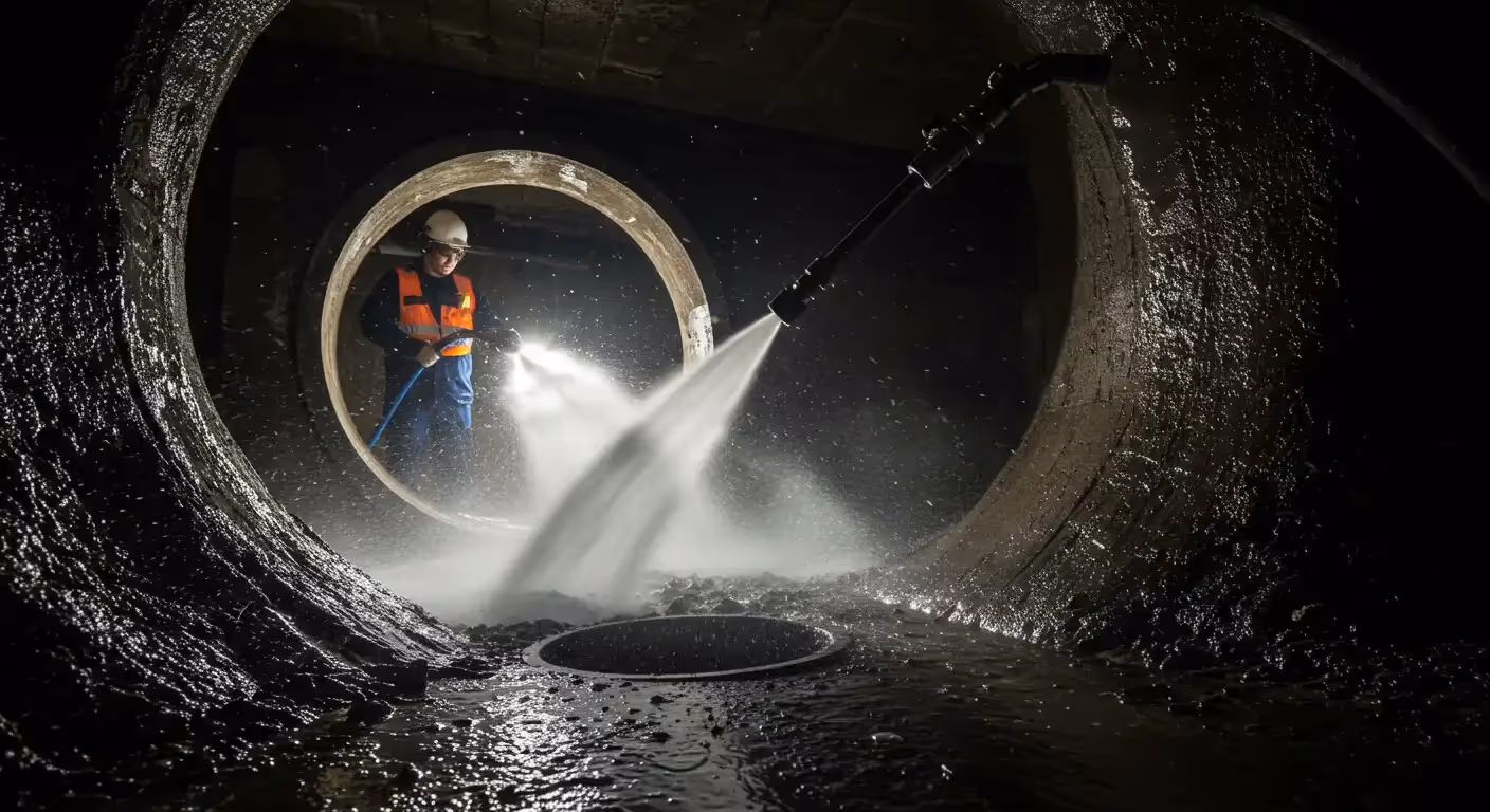A worker in a safety helmet and vest uses a high-pressure hose to clean a large sewer tunnel.