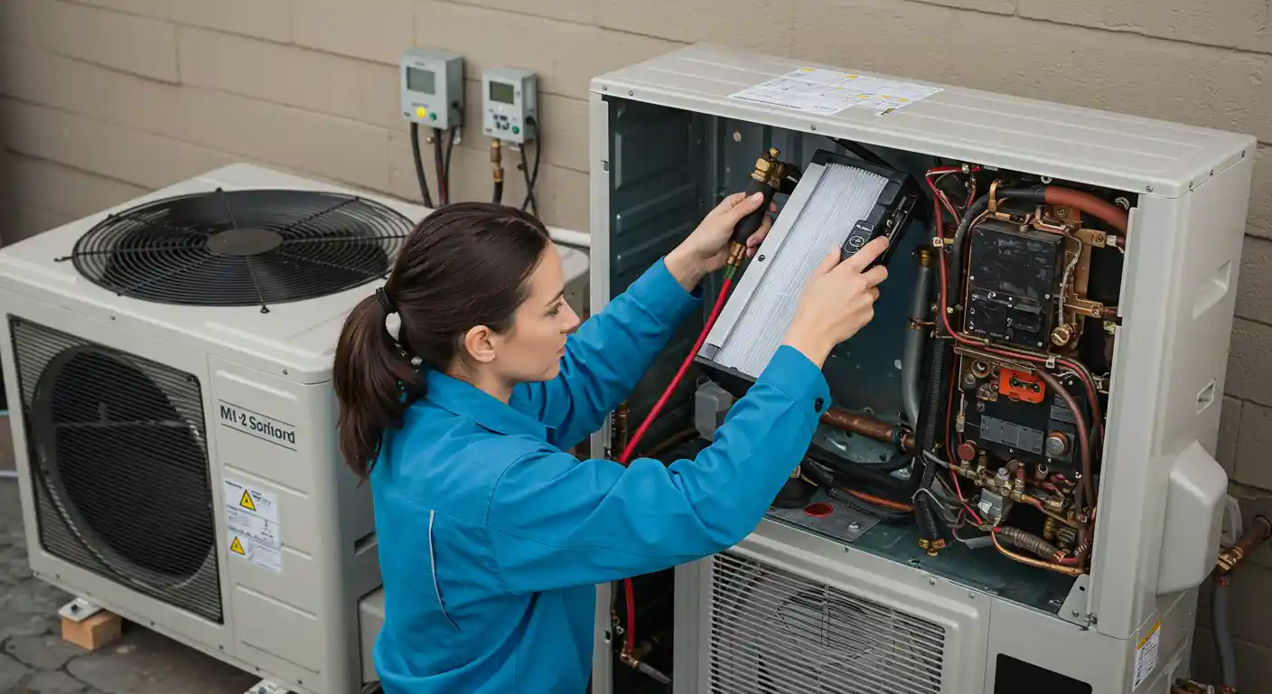  A side-view, medium shot of a female HVAC technician servicing an outdoor mini-split heat pump unit. She is wearing a light blue jacket and has her dark hair tied back in a ponytail. The technician is holding a rectangular, black and silver filter or component and is carefully inserting it into the exposed internal section of the unit on the right. Another, larger heat pump unit is visible to her left. The background consists of a light brown siding wall with some electrical boxes and wiring mounted on it. The technician is focused and a serious expression on her face. The scene is well-lit, indicating a professional and hands-on approach to maintenance or repair work.
