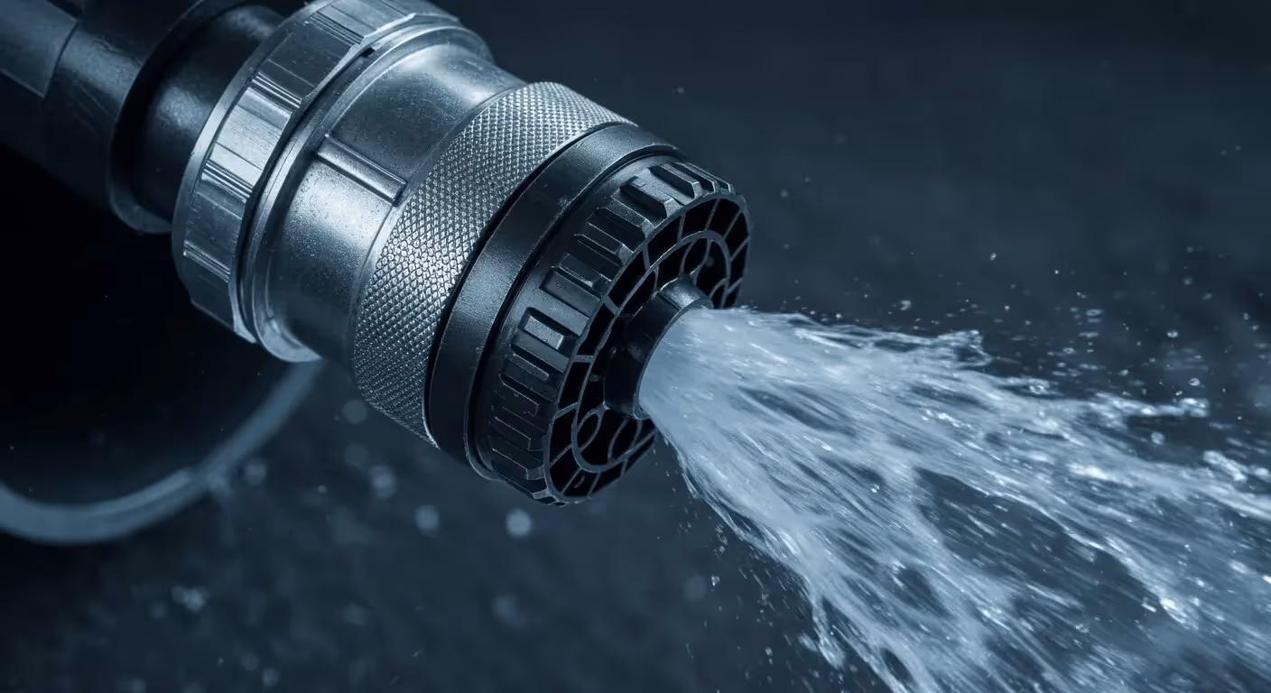Close-up of water flowing forcefully from a metallic hose nozzle against a dark background.