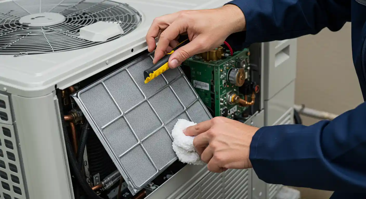 A close-up, horizontal image shows a technician servicing a mini-split heat pump. The technician's hands, wearing a dark blue uniform, are the main focus as they work on the internal components of the outdoor condenser unit