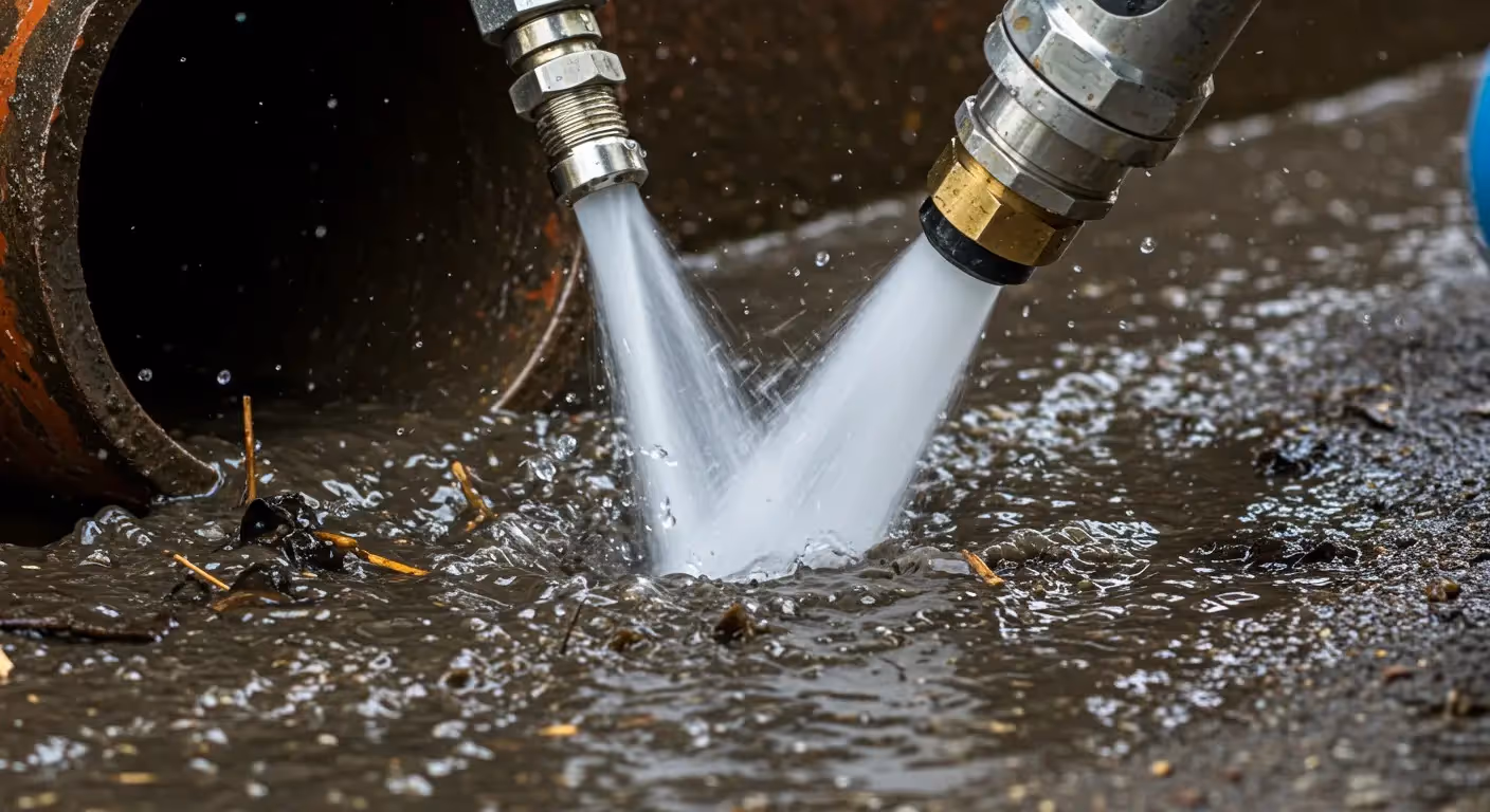 Two high-pressure hoses spray water into a muddy, debris-filled pipe, conveying a sense of intense cleaning and industrial maintenance.