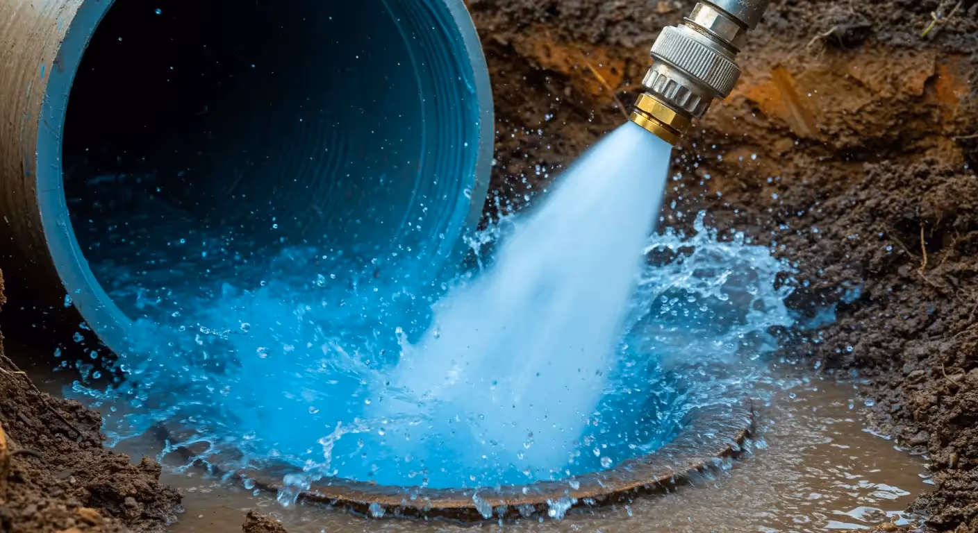 A powerful jet of blue water sprays from a large pipe, splashing into a muddy surface.