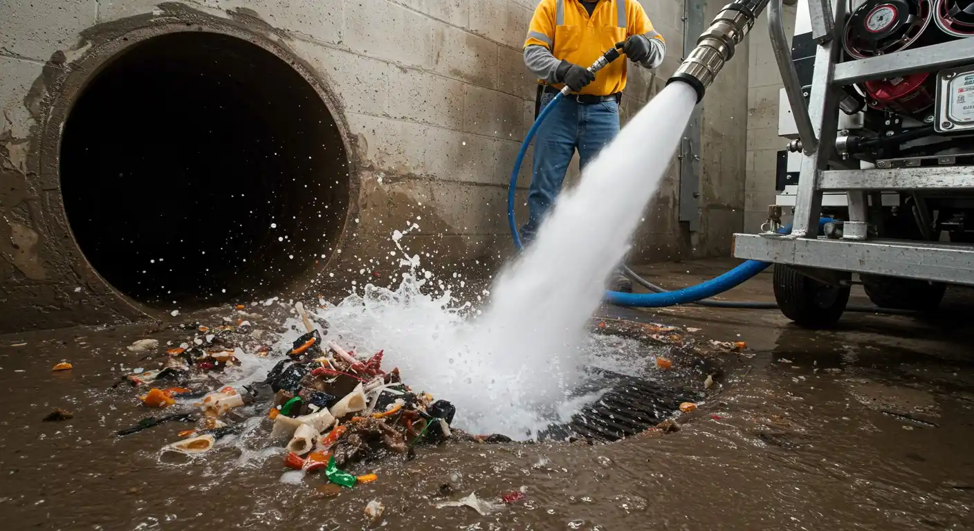 Worker using hydrojetter to clear debris.