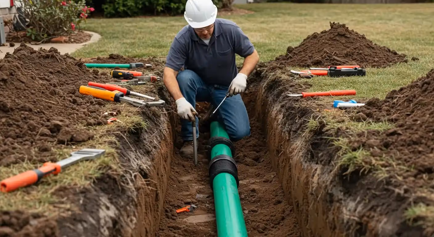 A construction worker in a white hard hat and gloves kneels in a trench, using a tool to work on a connection point on a green sewer pipe.
