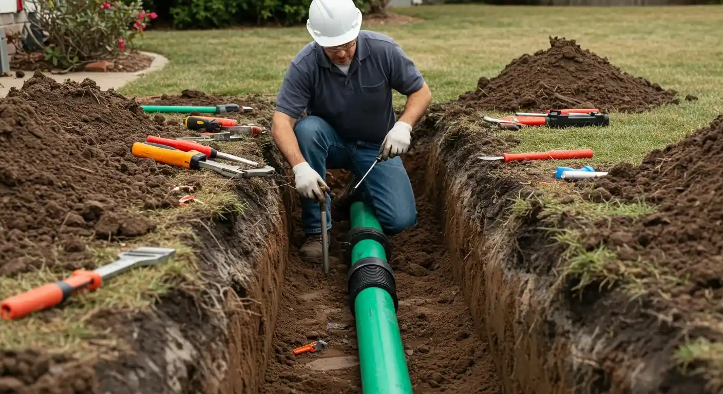 A construction worker in a white hard hat and gloves kneels in a trench, using a tool to work on a connection point on a green sewer pipe.