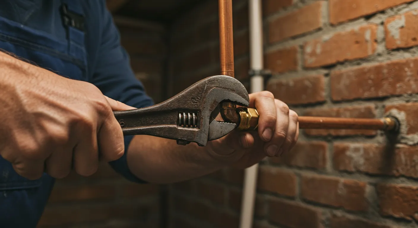 Plumber tightening a brass fitting.