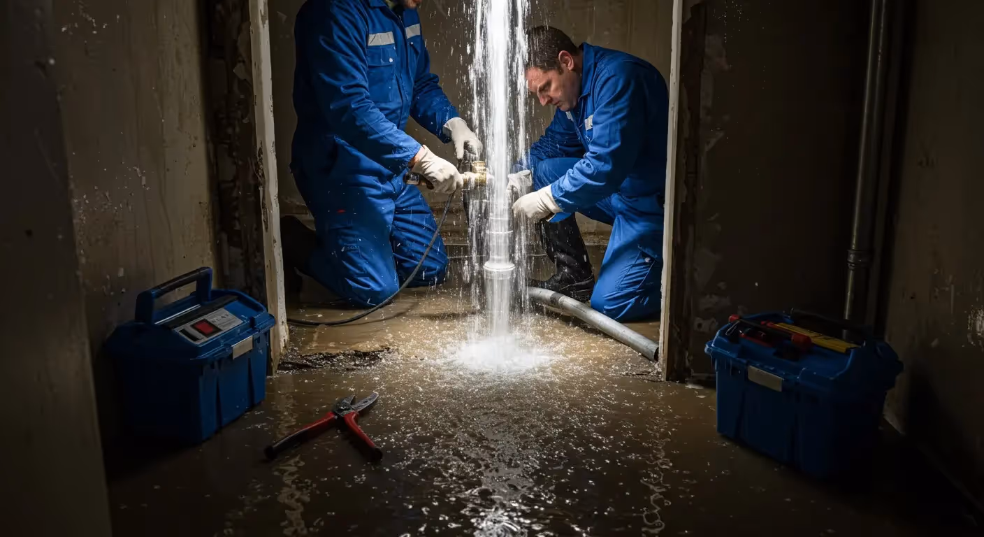 Two plumbers fixing a burst pipe.