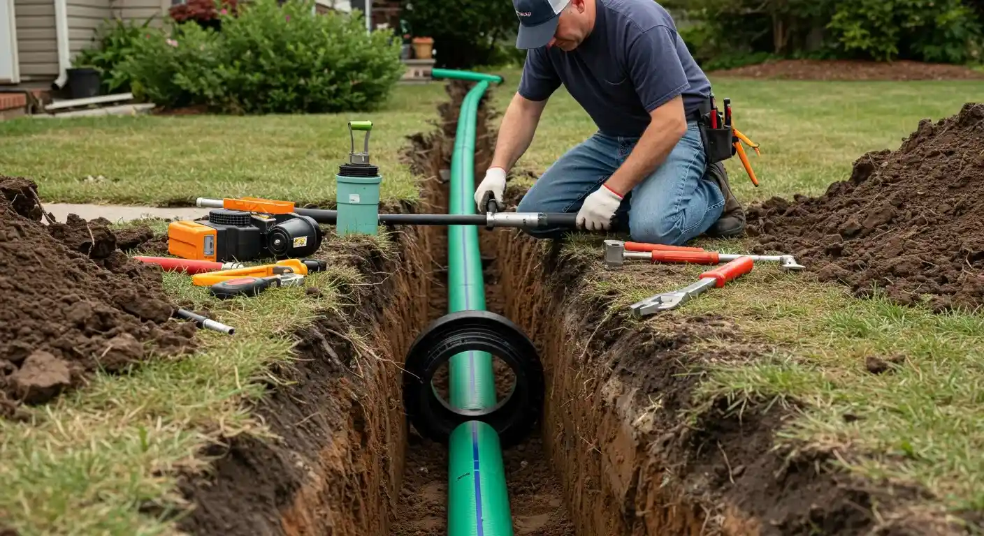 A man in a baseball cap and gloves kneels in a trench, fitting a large black ring connector onto a green sewer pipe, surrounded by various tools.