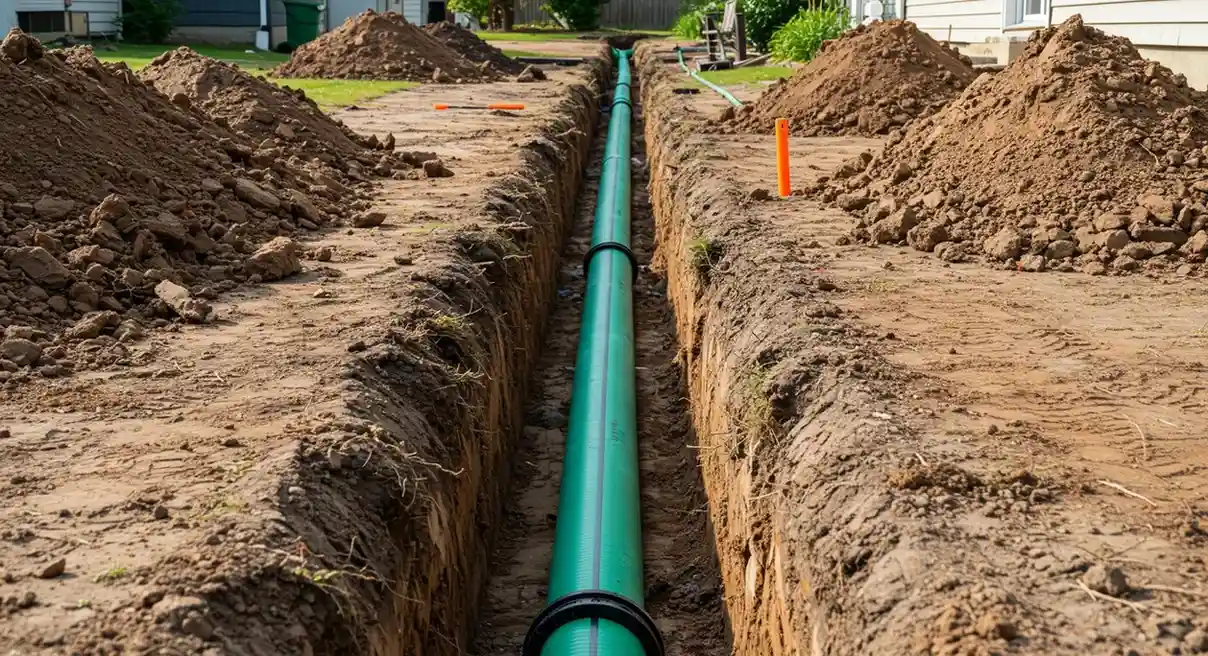 A view down a long, narrow trench with a single green sewer pipe laid inside. Piles of dirt and some construction markers are visible along the sides.