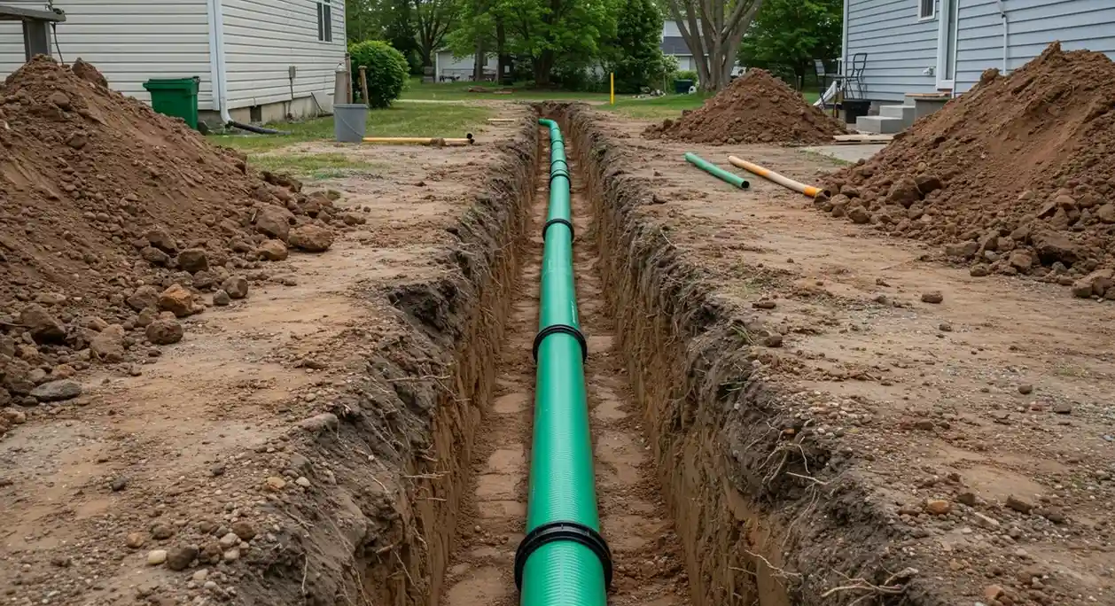 A wide view of a long trench with a single green sewer pipe running through it in a suburban yard, with houses visible in the background.