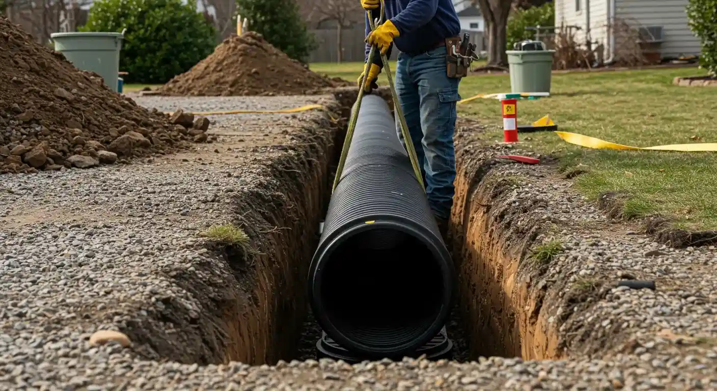 A man uses yellow straps to carefully lower a large, corrugated black sewer pipe into a gravel-filled trench.