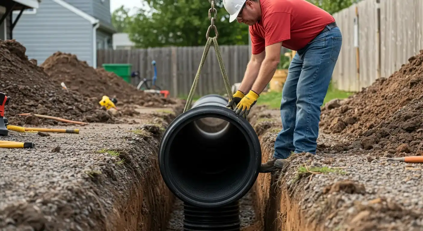 A construction worker in a hard hat and red shirt guides a large black corrugated pipe being lowered by a strap into a trench filled with gravel.