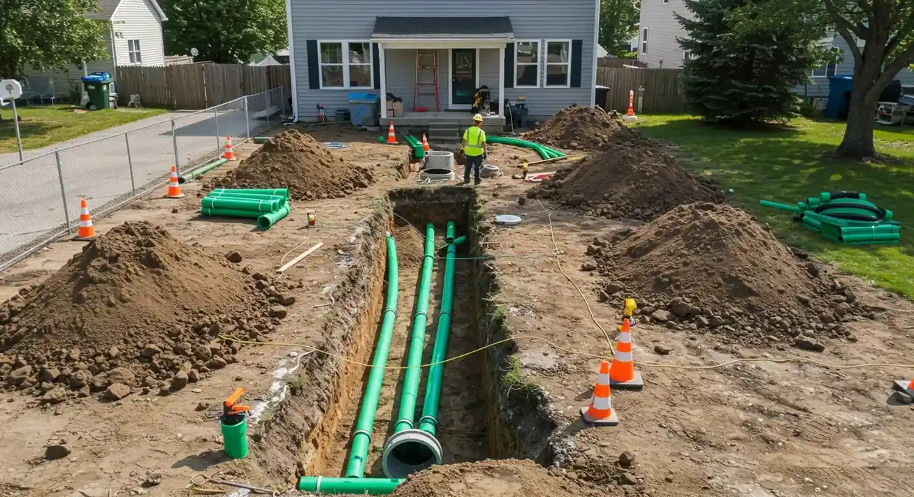 An elevated view of a residential yard where a long trench has been dug for the installation of green sewer pipes, with a worker and a house in the background.