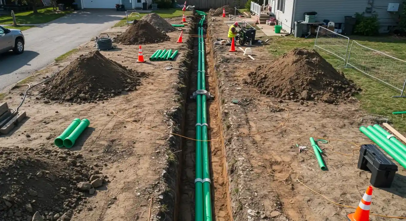 A long-distance view of a residential sewer line installation, showing a trench with two green pipes, a worker, and equipment alongside a suburban street.