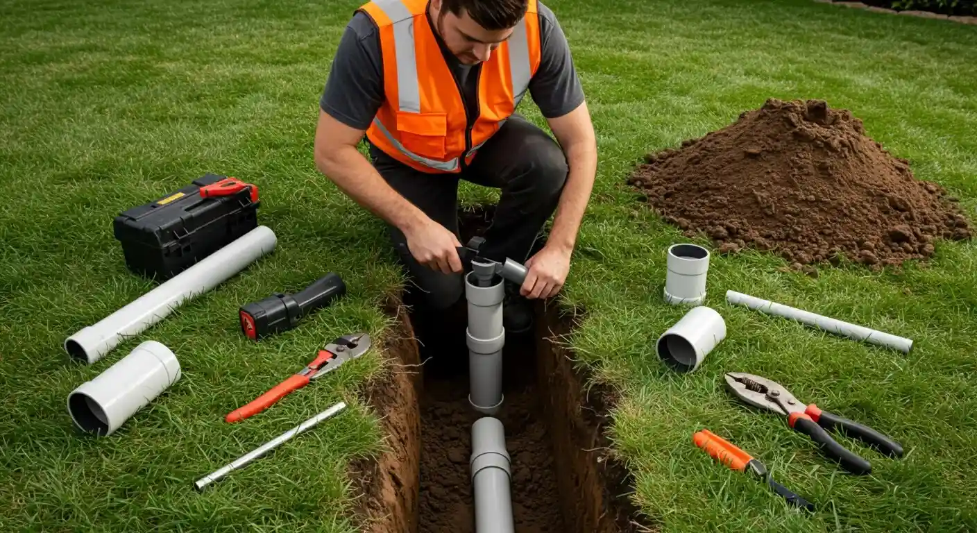 A construction worker in an orange safety vest kneels in a small trench, connecting grey PVC pipes, with various tools and fittings laid out on the grass.