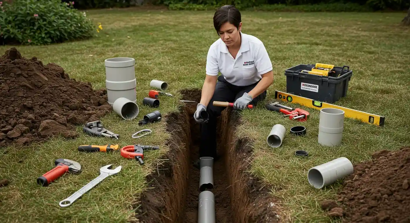 A female plumber in a white shirt and gloves kneels in a small trench, using a hammer to tap a grey PVC pipe connection, with tools arranged on the surrounding grass.