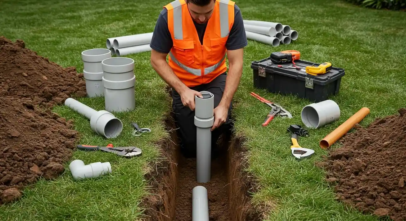 A construction worker wearing a high-visibility vest kneels in a narrow trench, connecting grey PVC pipes, with several fittings and tools laid out on the lawn.