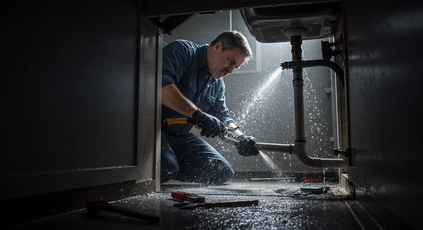 Man repairing a leaking sink pipe.