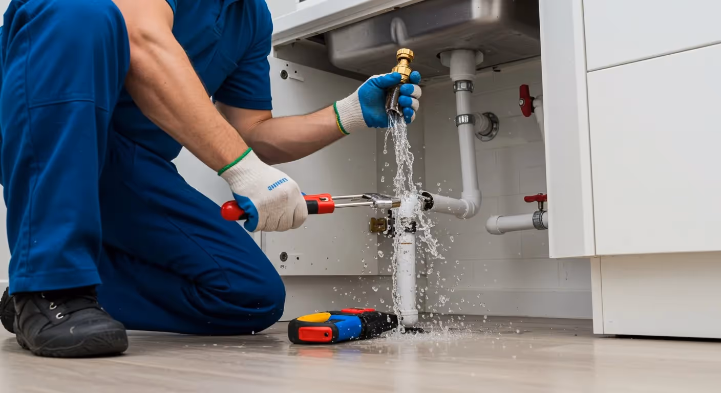 A plumber in blue overalls kneels on a kitchen floor, using pliers to fix a leaking pipe under a sink.