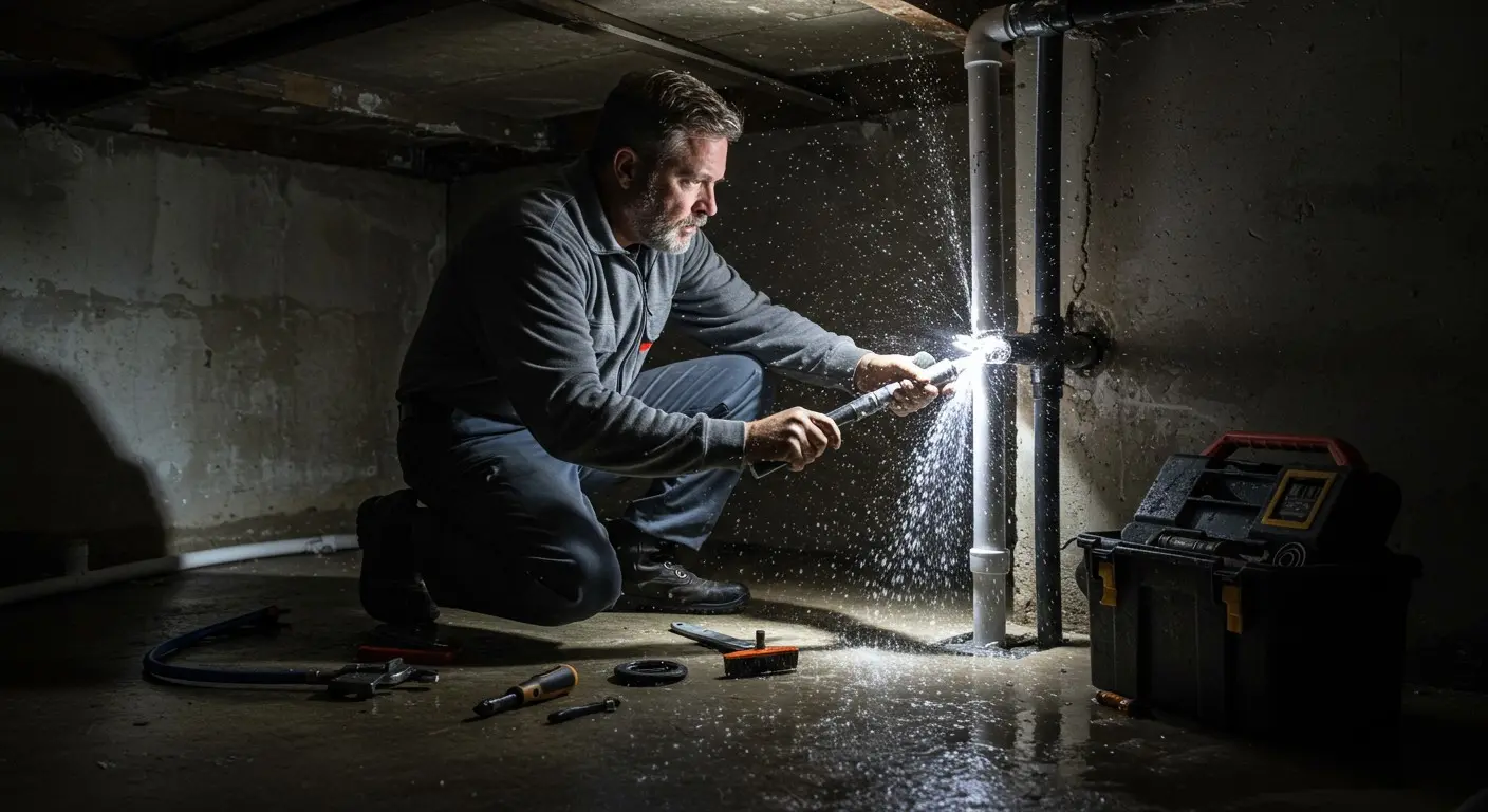 Plumber fixing a basement pipe.