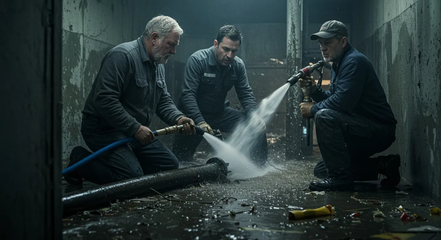 Three plumbers flushing a large pipe.