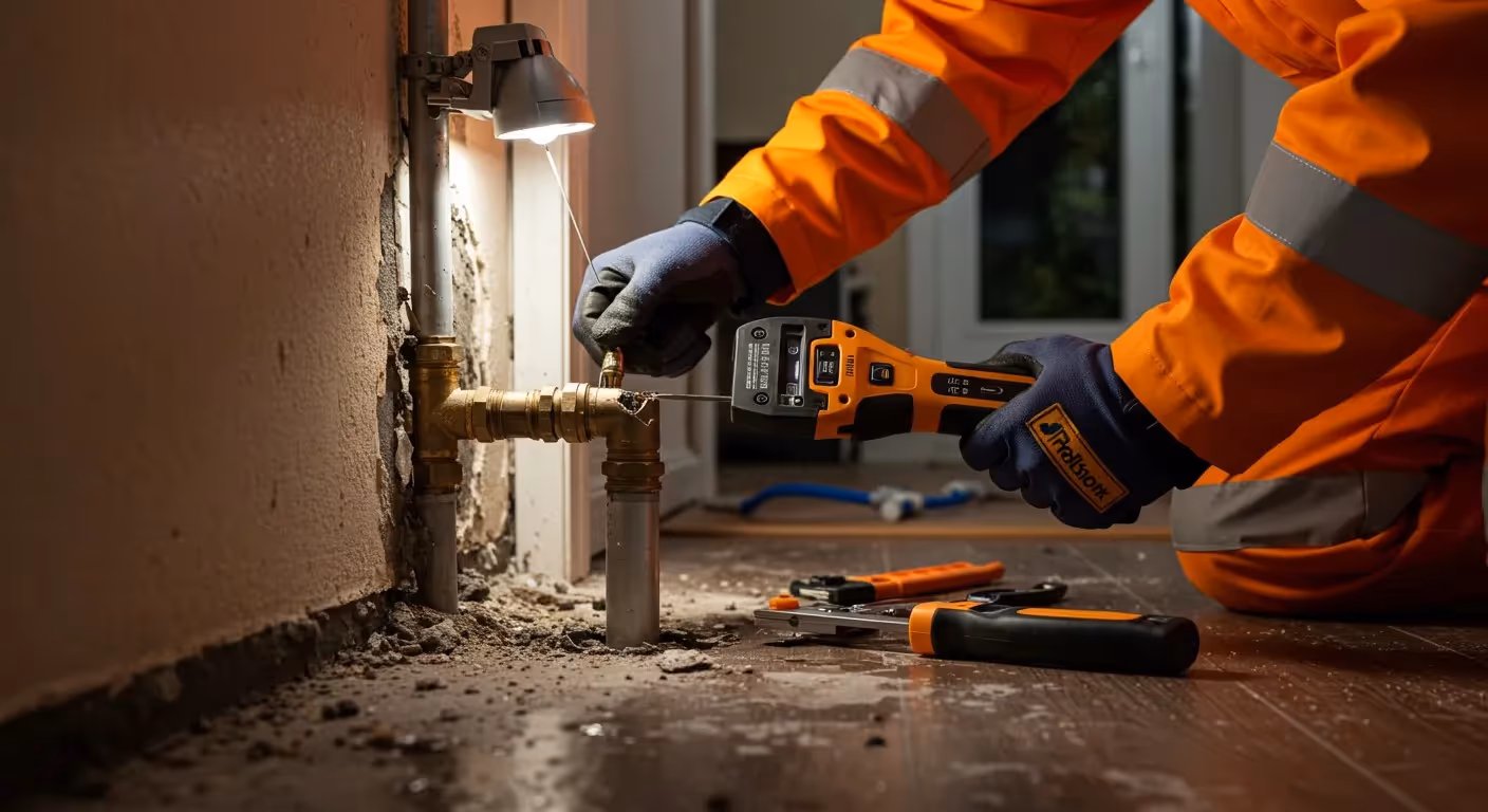 Plumber repairing a wall mounted pipe.