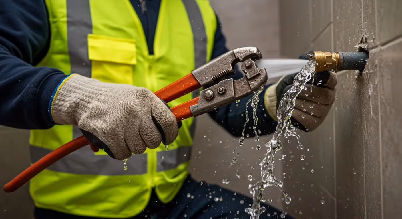 A plumber in a high-visibility vest uses pliers on a leaking pipe, with water spraying out. 