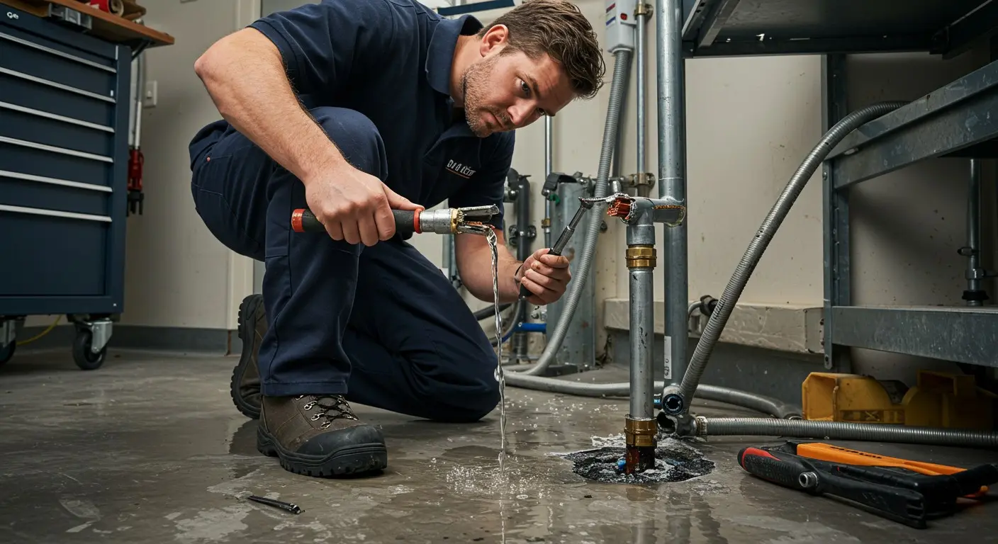 Plumber fixing a floor drain.